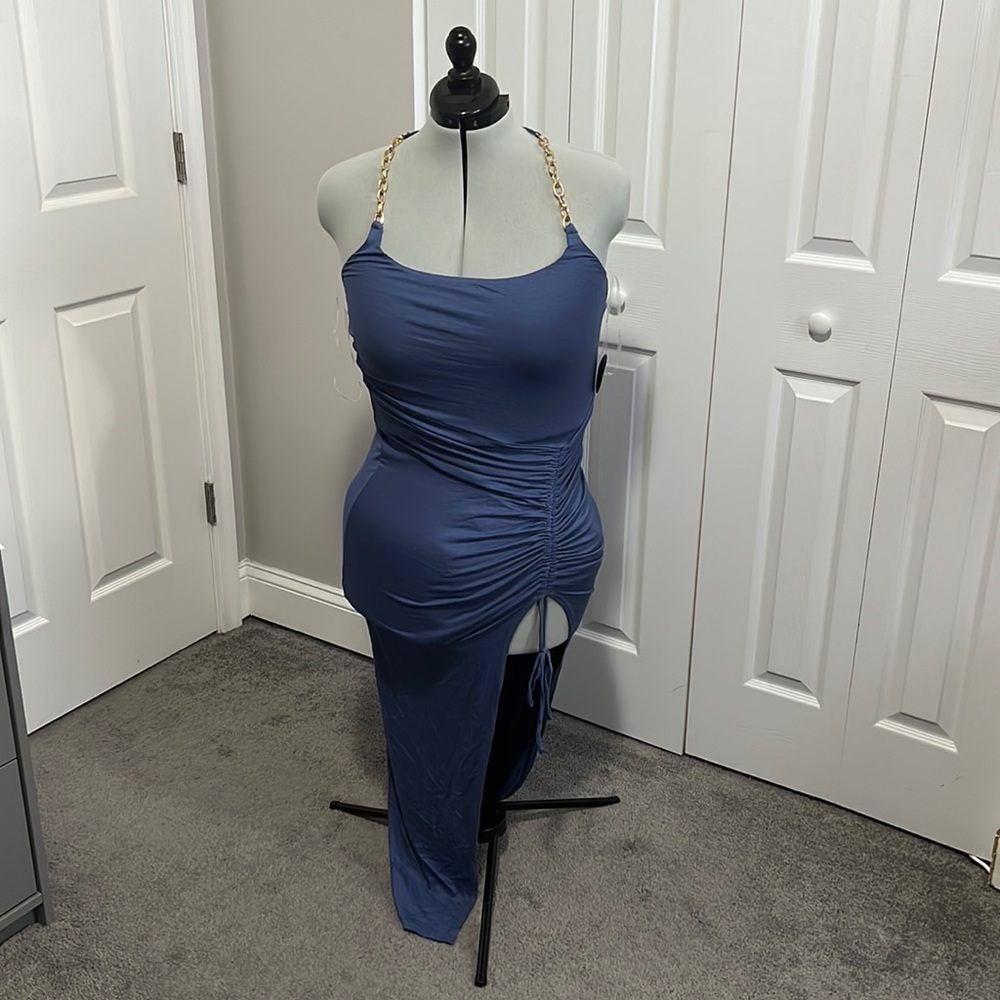 Hot Miami Styles cinch draw string slit split gold chain halter bodycon dress